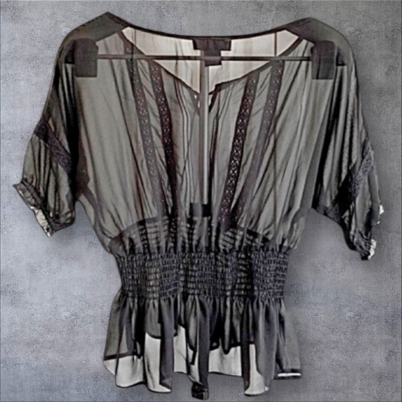 🌿 Isabella Rodriguez Black Chiffon Peasant Blouse Sz S - Picture 2 of 6